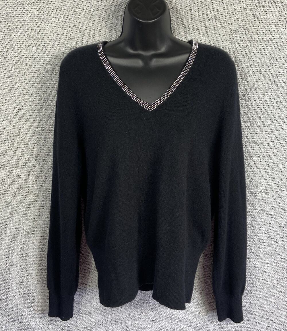Vertical Design 2-Ply Cashmere V Sweater Women’s L Sparkle Trim V Neck Evening